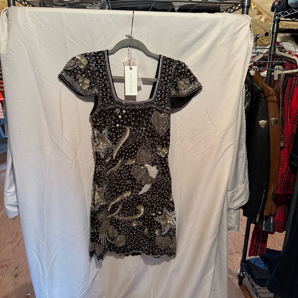 Love Shack Fancy sequined Embellished Black and Silver Dress size XS